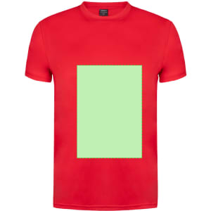 A red adult T-shirt with a light green rectangular area in the centre, featuring a logo.