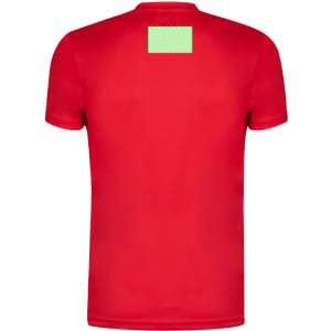 A red adult T-shirt with a square patch on the back and no visible designs on the front.