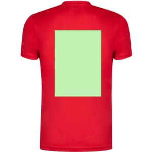 A red adult T-shirt featuring a plain green rectangular area on the back and a logo on the front.