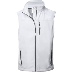 A white vest with a high collar, front zipper, and two zippered pockets, featuring a logo.