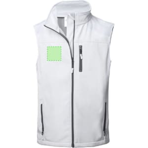 A white vest featuring a high collar, two front zip pockets, and a logo on the chest area.