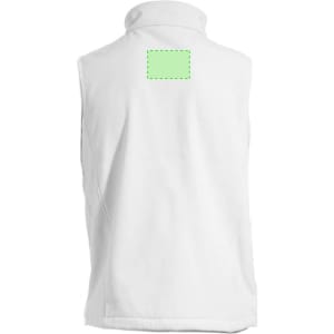 A white vest with a high collar and no sleeves, featuring a blank area on the back for branding.