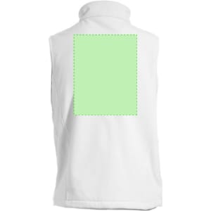 A white sleeveless vest featuring a blank green area on the back and a logo at the neck.