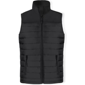 A black padded vest with a high collar and zip front, featuring two side pockets and a logo.