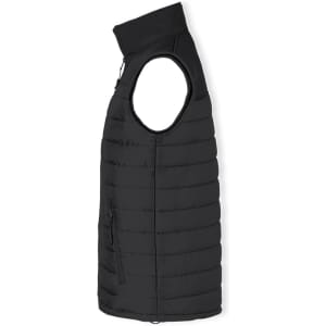 A black puffer vest with a high collar and zippered pockets, featuring a logo.