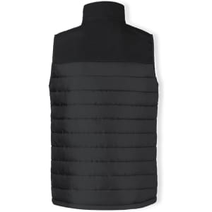 A black puffer vest with a high collar and horizontal stitching, featuring a branding logo.