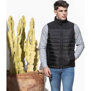 A young man wears a black puffer vest over a grey long-sleeve shirt, standing near a cactus plant.