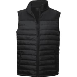 A black puffer vest with a zippered front and stand-up collar, featuring a logo on the chest area.