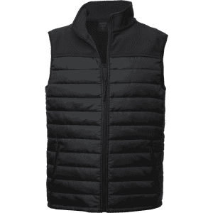 A black padded vest with a zip front, featuring a high collar and a logo on the upper part.