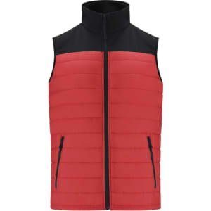 A red and black padded vest with a high collar and zippered pockets. It has a logo on one side.