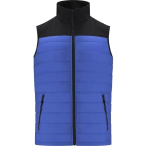 A blue and black insulated vest with a high collar and zippered pockets. Features a logo on the chest.