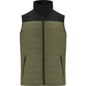 An olive green vest with a black collar and zip, featuring two zippered front pockets.