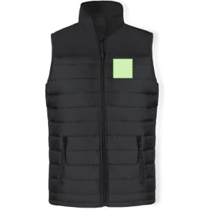 A black padded vest with a zip front and two side pockets, featuring a blank square patch on the upper left chest.