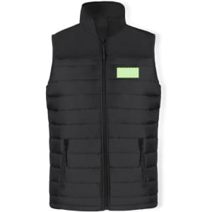 A black padded vest featuring a high collar, front zipper, and side pockets, with a logo on the chest.