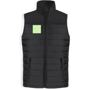 A black padded vest with a high collar and zip front, featuring a logo on the upper left side.