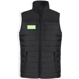 A black padded vest with a high collar, featuring a zip front and side pockets, and a small logo area.