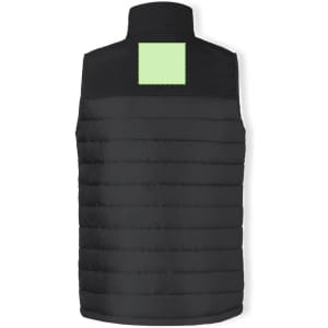 A black puffer vest with a high collar and a green patch on the back. It features a horizontal quilted design and has a logo.
