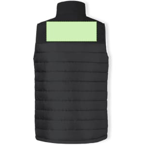 A black vest with a high collar and a light green panel on the back. Features horizontal stitching and a logo.