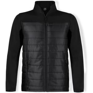 A black soft shell jacket with a padded front, featuring a zip closure and side pockets. It has a logo on it.