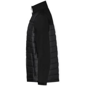 A black soft shell jacket with a padded design and a zippered pocket on the side. It features a high collar.