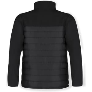 A black soft shell jacket featuring a sleek design with a quilted back, complete with a collar and a logo.