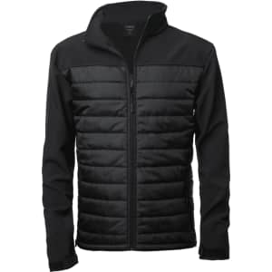 A black soft shell jacket with a zippered front and a combination of smooth and quilted panels. It features a logo.