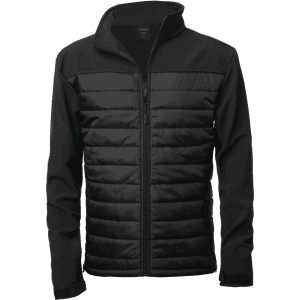 A black soft shell jacket features a padded front and a zip closure, along with a collar and branding.