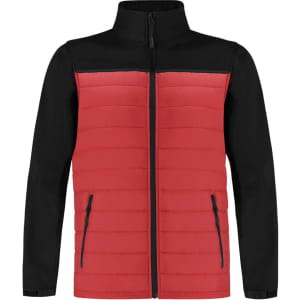 A soft shell jacket featuring a red padded front and black sleeves, with zippered pockets and a stand-up collar.