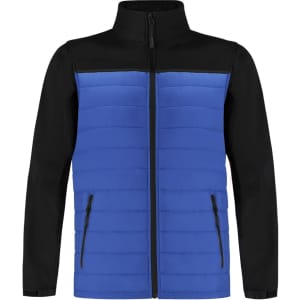 A blue and black soft shell jacket featuring two zippered pockets and a standing collar, complete with a logo.