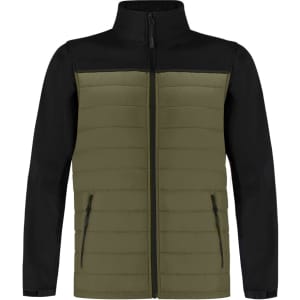 A soft shell jacket with an olive green body and black sleeves, featuring a full zip and two front pockets.
