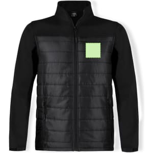 A black soft shell jacket with padded sections and a square patch on the front. Features a zip and side pockets.