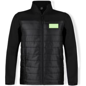 A black soft shell jacket with padded front and zip pockets, featuring a logo on the upper left side.