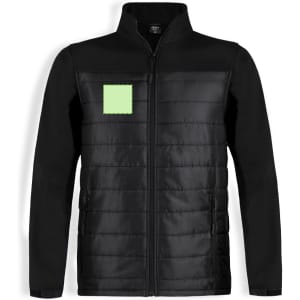 A soft shell jacket in black with a padded front and a logo. Features zip pockets and a high collar.