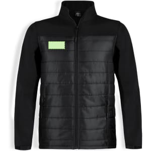 A black soft shell jacket featuring a quilted design and a small logo on the chest area.