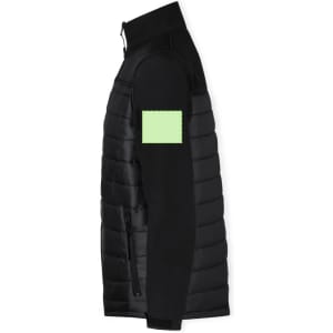 A black soft shell jacket featuring a padded design and a section with a placeholder for branding on the arm.