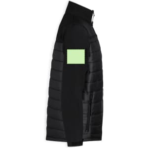 A soft shell jacket in black with a green patch on the sleeve and a sleek, fitted design.