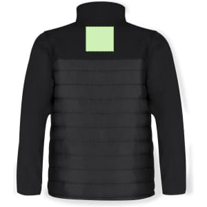 A black soft shell jacket with a plain green square patch on the back. It features a high collar and a quilted design.
