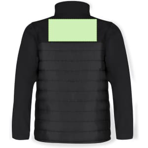 A black soft shell jacket with a textured design and a blank green panel on the back. The jacket features a high collar.