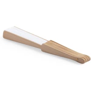 A wooden-handled fan with white slats, featuring a logo on the handle.