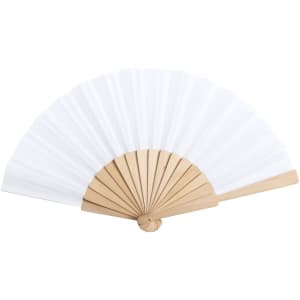 A white hand fan with wooden ribs, fully opened in a fanned shape, featuring a simple design and a neutral colour palette.