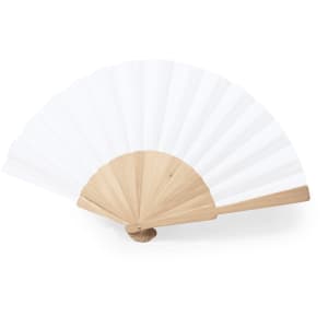 A hand fan with wooden handles and white fabric, fanned out elegantly. It features a simple design and neutral colours.