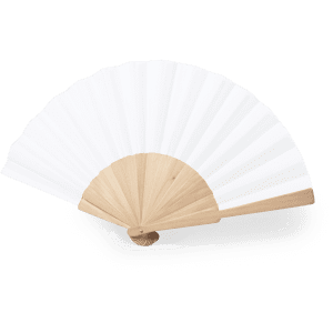 A folding hand fan with a wooden frame and white pleated fabric. The fan is elegantly designed and minimalistic.
