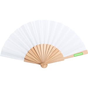 A white paper hand fan with a wooden handle, featuring a simple design and a branded area on the handle.