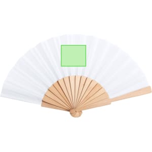A white hand fan with wooden spokes and a smooth handle. It features a blank square area for customisation.