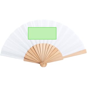 A hand fan with a white fabric surface and a natural wood frame, featuring a blank section for custom branding.