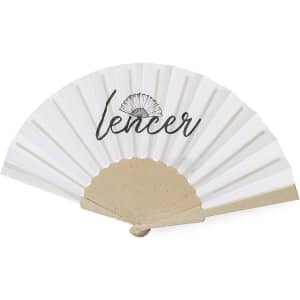 A white hand fan with a gold handle, featuring a brand logo on one side.