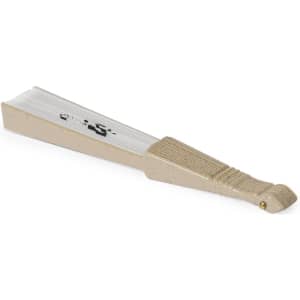 A hand fan in beige and silver, featuring a textured handle and a logo on one side.