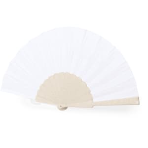 A hand fan featuring a white fabric surface and a cream-coloured frame, with a simple design and a logo present.