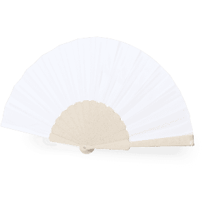 A white hand fan with a light-coloured base and a logo on the handle.