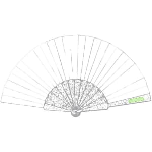 A hand fan in light grey with a decorative base and a green accent, featuring a logo on the handle.